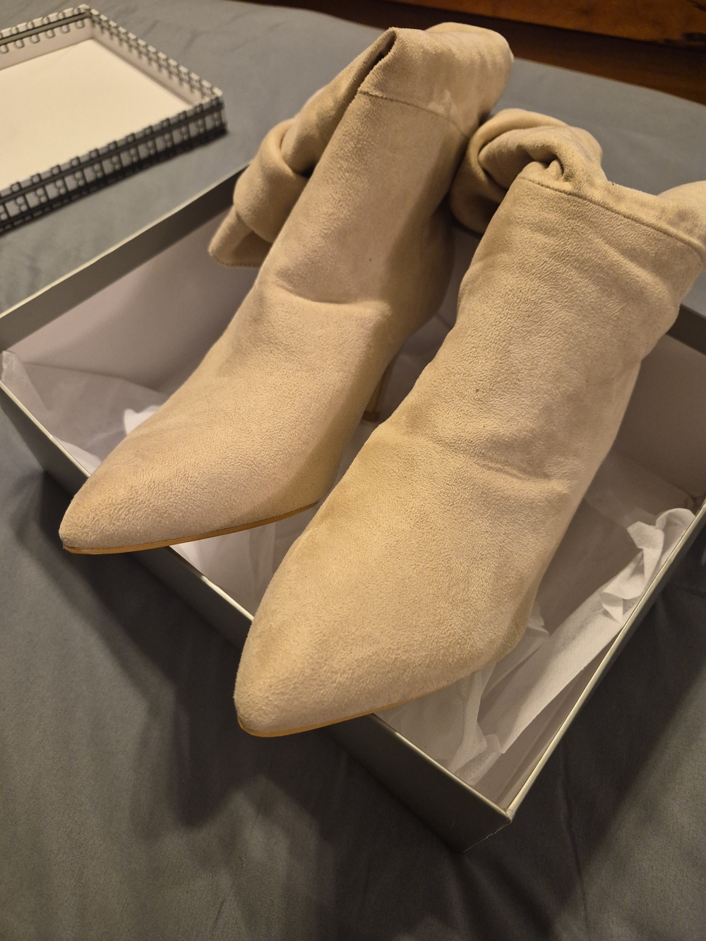 Suede Fold-Over Pointed Ankle Boots in Beige